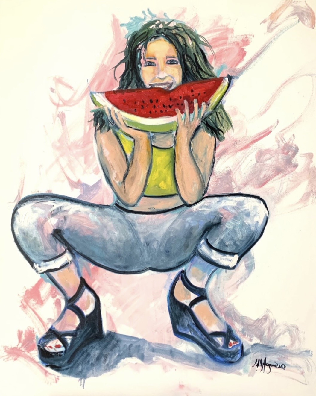 Girl with Watermelon by Marina Stognieva, original oil painting, 75 × 95 cm